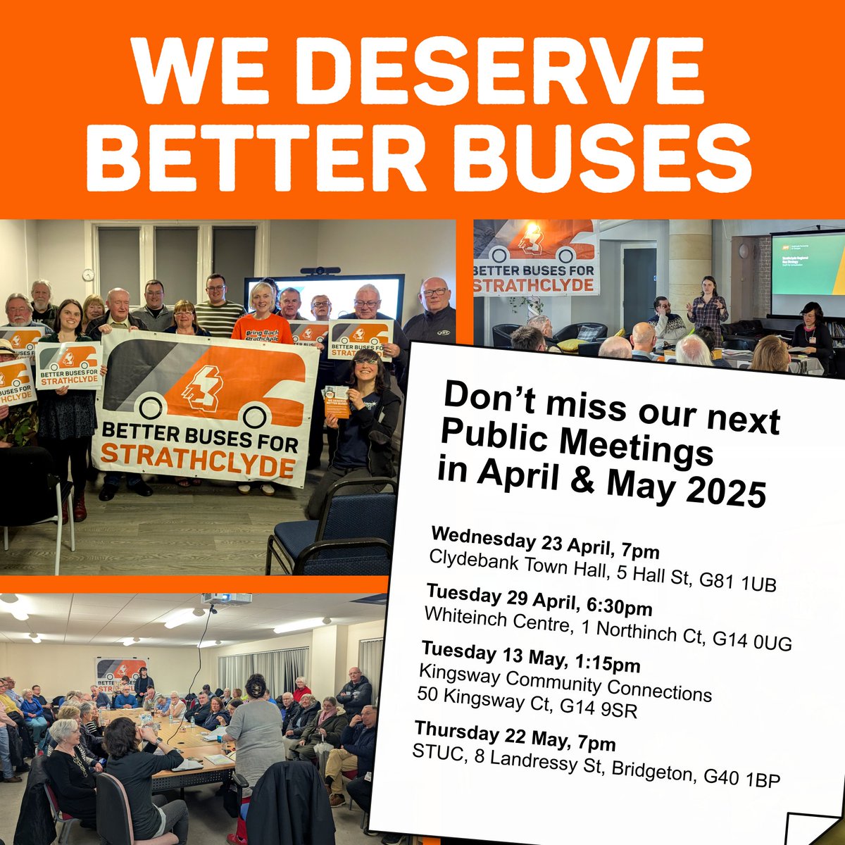 We deserve Better Buses! 🚌🚏

Want to find out more about <a href="/SPTcorporate/">SPTCorporate</a>'s radical plans to take our region's bus network back into public control?

Don't miss our next Public Meetings in April &amp; May 2025 👇🧵

betterbuses.uk/strathclyde