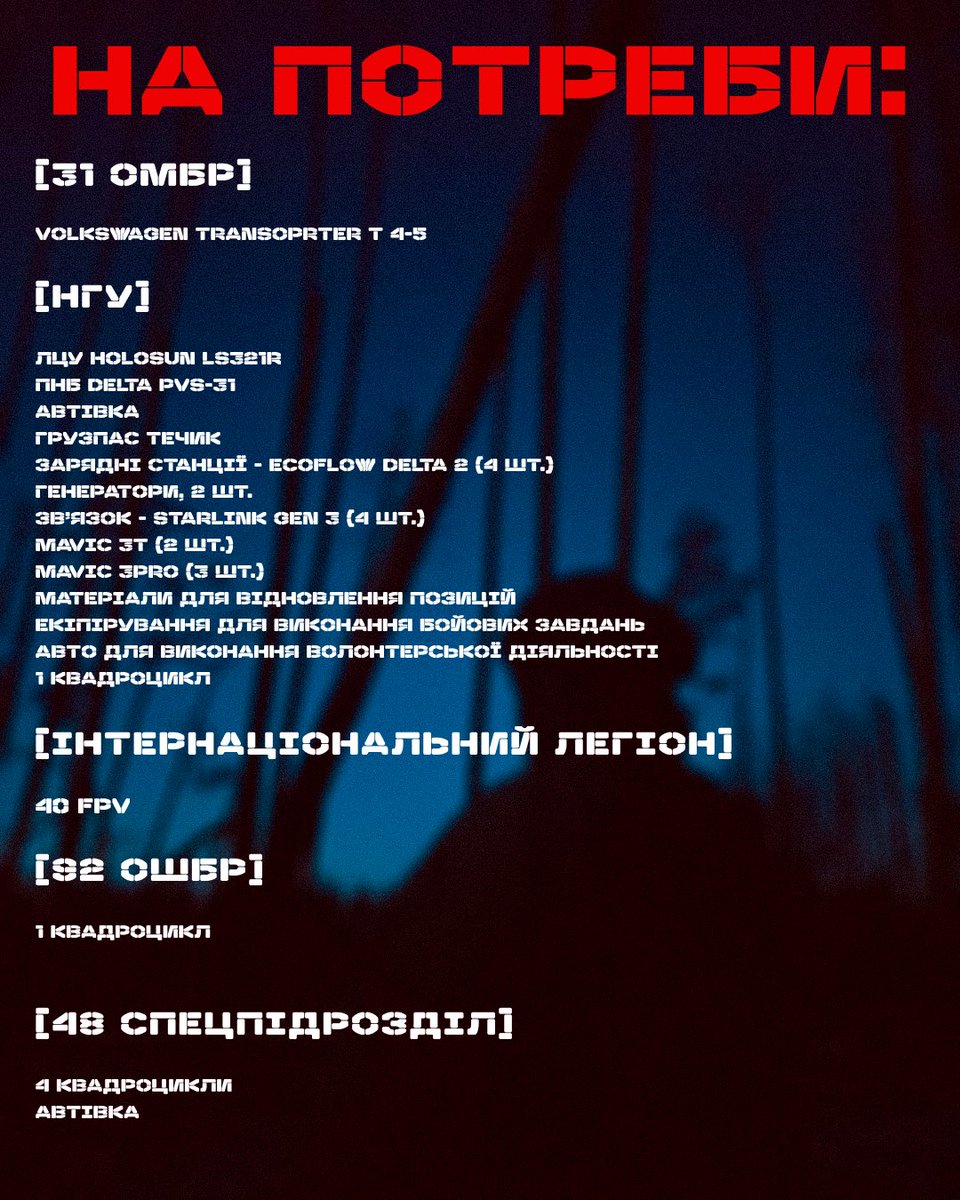 ДРУЗІ, відкрила допоміжну банку до великого збору «ШУМ ТРИВАЄ»

КОМУ: 
• НГУ 
• ІНТЕРНАЦІОНАЛЬНИЙ ЛЕГІОН 
• 31 ОМБр 
• 92 ОШБр
• 48-й спецпідрозділ

НА ЩО: на фото

🎯 СКІЛЬКИ:
ВСЬОГО: 3 000 000.00 ₴
МОЯ ЦІЛЬ: 5 000.00 ₴

посилання нижче. 👇 потрібні ваші гроші