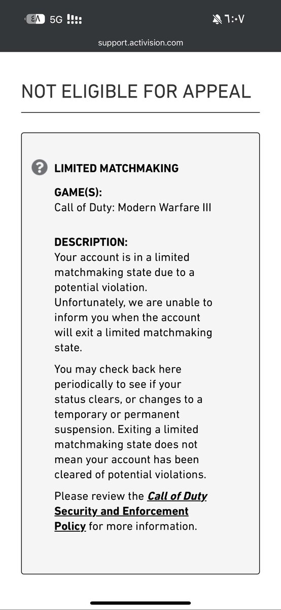 johan_xL91's tweet photo. @ATVIAssist My account in MWIII has been under limited matchmaking for a long time without any clear reason or way to appeal. I’ve received no explanation or steps to resolve it. At least give me a reason or some guidance. It’s very frustrating https://t.co/Af6kjbciv7