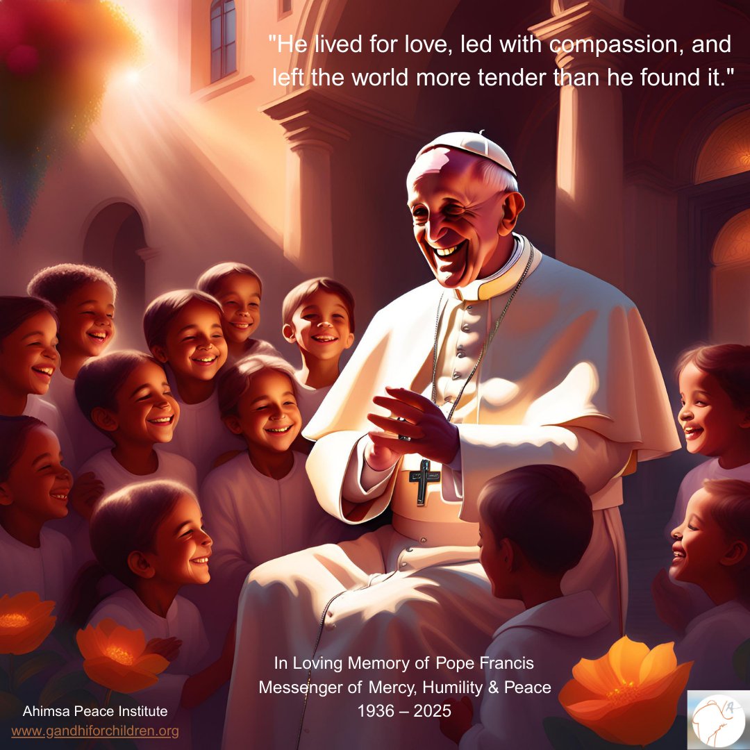 In Loving Memory of Pope Francis Messenger of Mercy, Humility &amp; Peace 1936 – 2025. May his soul rest in the infinite peace he so tirelessly championed.

gandhiforchildren.org/his-holiness-p…

#PopeFrancis #LegacyOfPeace #InterfaithUnity #CultureOfPeace #RestInPeaceHolyFather #EasterMonday