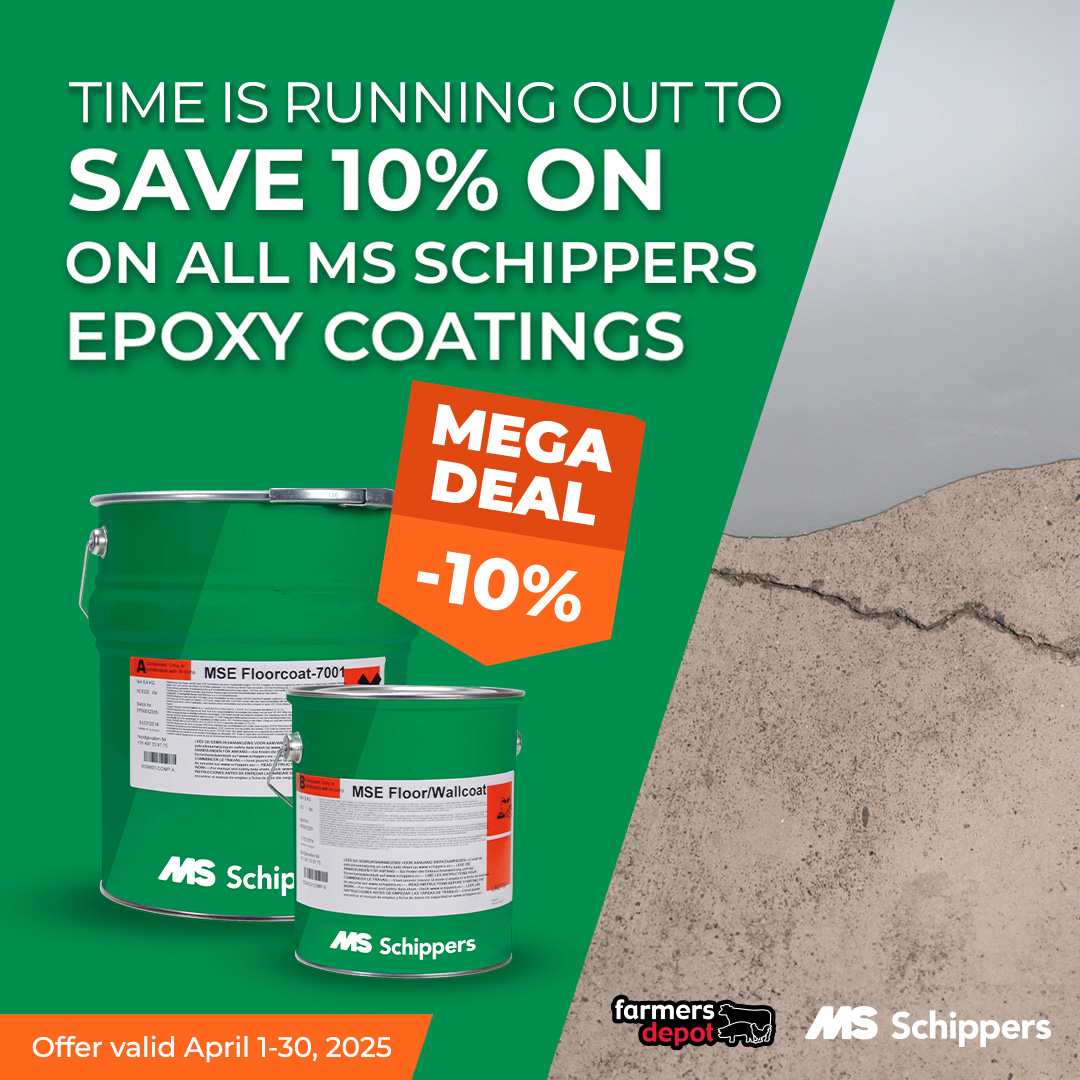 ⏳Time’s almost up!
Save 10% on MS Schippers Epoxy Coatings ‘til April 30 at Farmers Depot!
✔️ Easier to clean
✔️ Fewer germs
✔️ Stronger, longer-lasting floors
🧼Better floors = better health = better gains.
Don’t miss this MEGA DEAL before it’s gone!
#EpoxySavings #BetterBarns