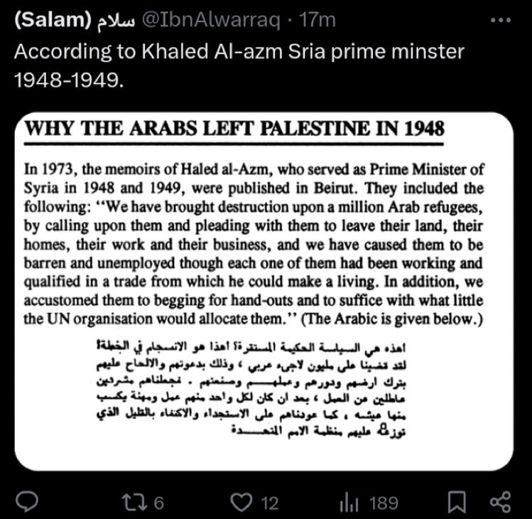 WeRWatchingU_3's tweet photo. @Osint613 Israel wanted peace; Arab countries wanted to kill all the Jews. Arabs were told to leave & return after the war. Arabs lost. Jews won. Catastrophe (Nakba).
Arabs who didn’t leave, are now 2M citizens of Israel, with full rights.
#JewsAreFromJudea
#ErdoganIsATerrorist https://t.co/der5Yuoufu