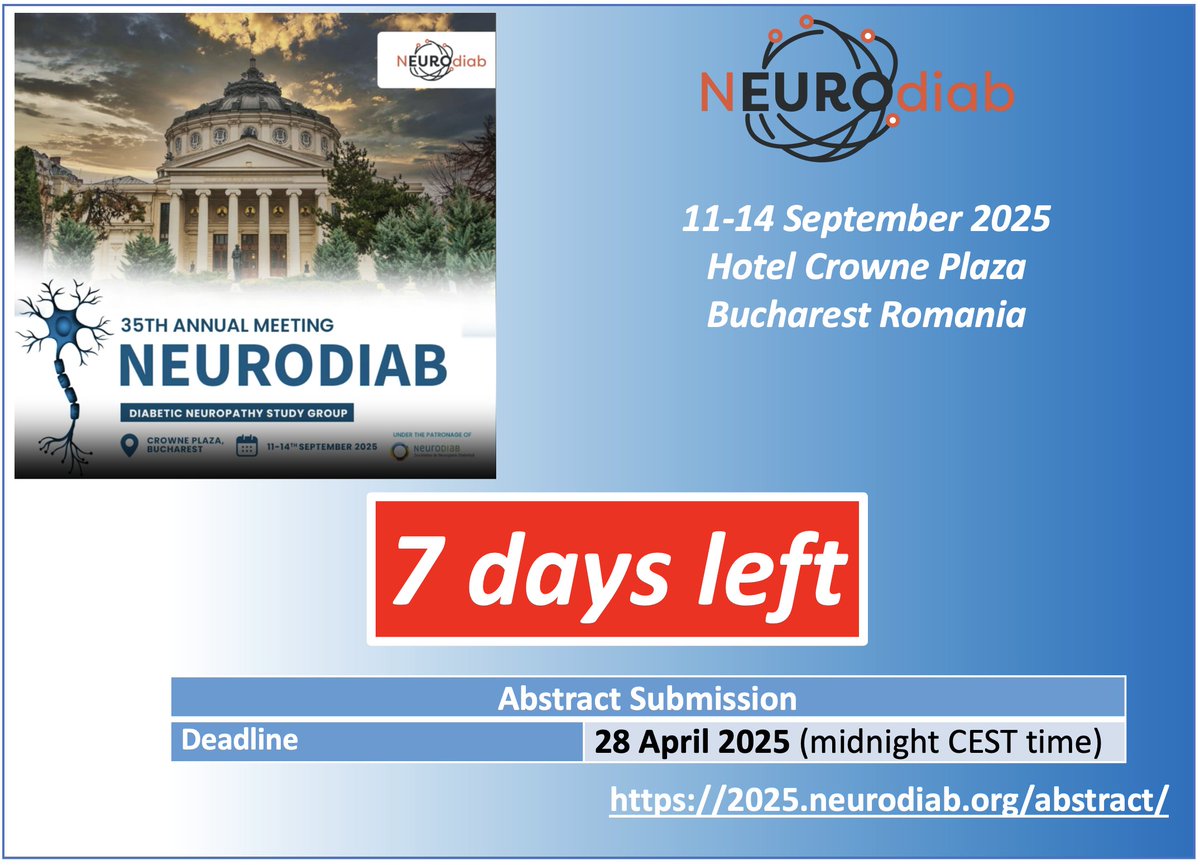 Final week to submit your abstracts for #NEUROdiab2025
Don’t miss the opportunity to present at the 35th NEUROdiab Annual Meeting in Bucharest and apply for the Best Oral, the Best Poster and the Most Innovative Research Presentation. Submit now 2025.neurodiab.org/abstract/