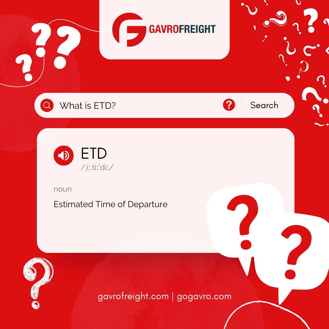 gavrofreight's tweet image. 🕒 ETD = Estimated Time of Departure

At Gavro Freight, we prioritize clear communication and on-time performance—because every minute counts.

#LogisticsTerms #FreightDictionary #ETD #EstimatedTimeOfDeparture #GavroFreight #TruckKnowledge #LogisticsMadeSimple