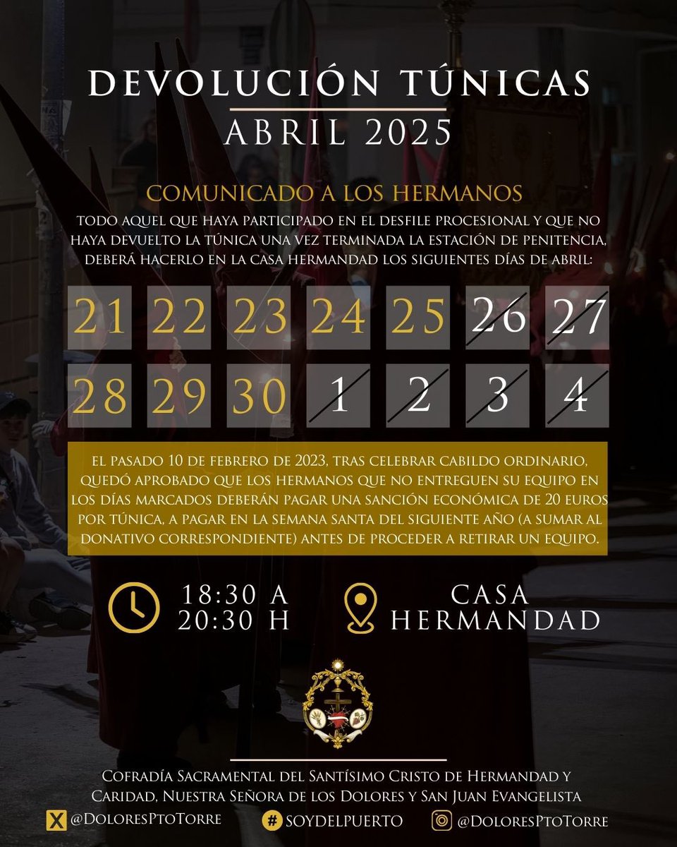 DEVOLUCIÓN DE TÚNICAS - Hoy comienza el periodo de devolución de las túnicas del pasado Viernes de Dolores.

➡️ De 18.30 a 20.30 horas en nuestra Casa Hermandad.

➡️ Recordamos que es obligatorio cumplir con el plazo establecido de devolución.