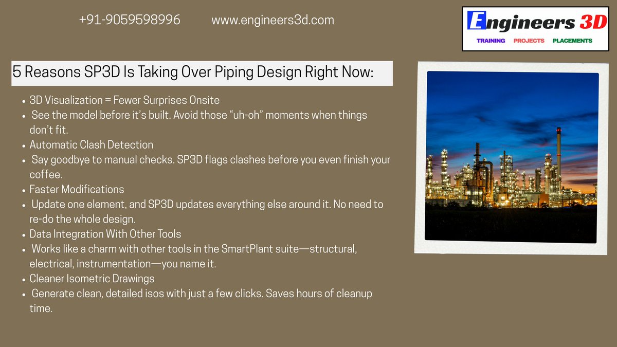 Engineers3d's tweet image. SmartPlant 3D (SP3D) is changing the game for piping engineers—think faster designs, fewer errors, and way less rework.
We broke down exactly why SP3D is the must-know tool for modern engineering teams. If you’re not using it yet, this blog is your sign. 👇

 #SmartPlant3D #SP3D