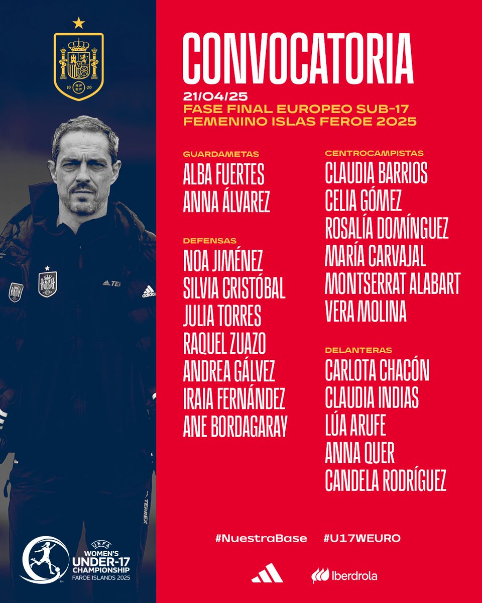 🔴 Convocatoria para el #U17WEURO de 𝗜𝘀𝗹𝗮𝘀 𝗙𝗲𝗿𝗼𝗲.

➡️ Kenio Gonzalo ha citado a 20 jugadoras de once equipos diferentes.

🏆 4 al 17 de mayo. 

ℹ️ rfef.es/es/noticias/co…

#NuestraBase | #U17WEURO
