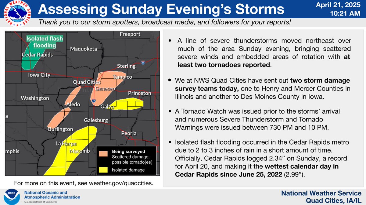 Here's a summary graphic of what we know &amp; what we are looking into from Sunday evening's storms. 

We have two storm damage survey teams out working closely with emergency management evaluating damage in tandem with radar data.

Are you aware of damage? Let us know! #IAwx #ILwx