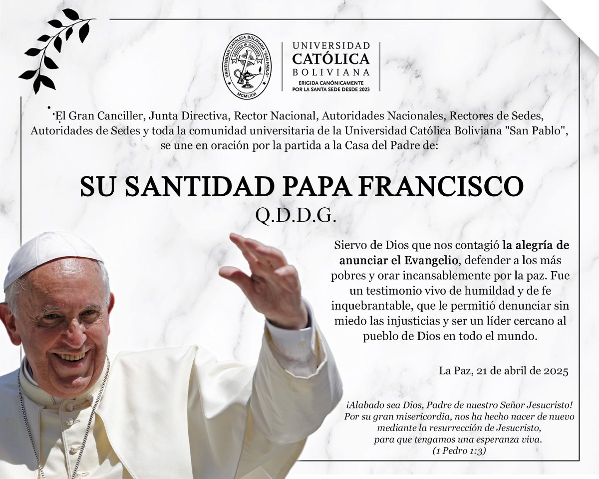 ePC_UCB's tweet image. 🕊️ Hoy despertamos con una triste noticia para el mundo entero: la partida de Su Santidad el Papa Francisco.

Desde la Escuela de la Producción y la Competitividad (ePC) nos unimos en oración y homenaje, recordando su vida y legado.

#PapaFrancisco #LegadoDePaz #ePCUCB
