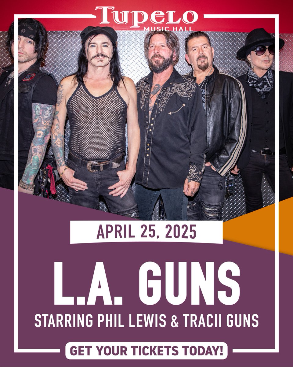 Get ready, rock fans! 💥 Phil Lewis and Tracii Guns are bringing the legendary L.A. GUNS to Tupelo this Friday night! With tickets running low, we're expecting a packed house that's ready to rock! If want to snag one of the few remaining seats, visit tickets.tupelohall.com/LAGUNS2025.