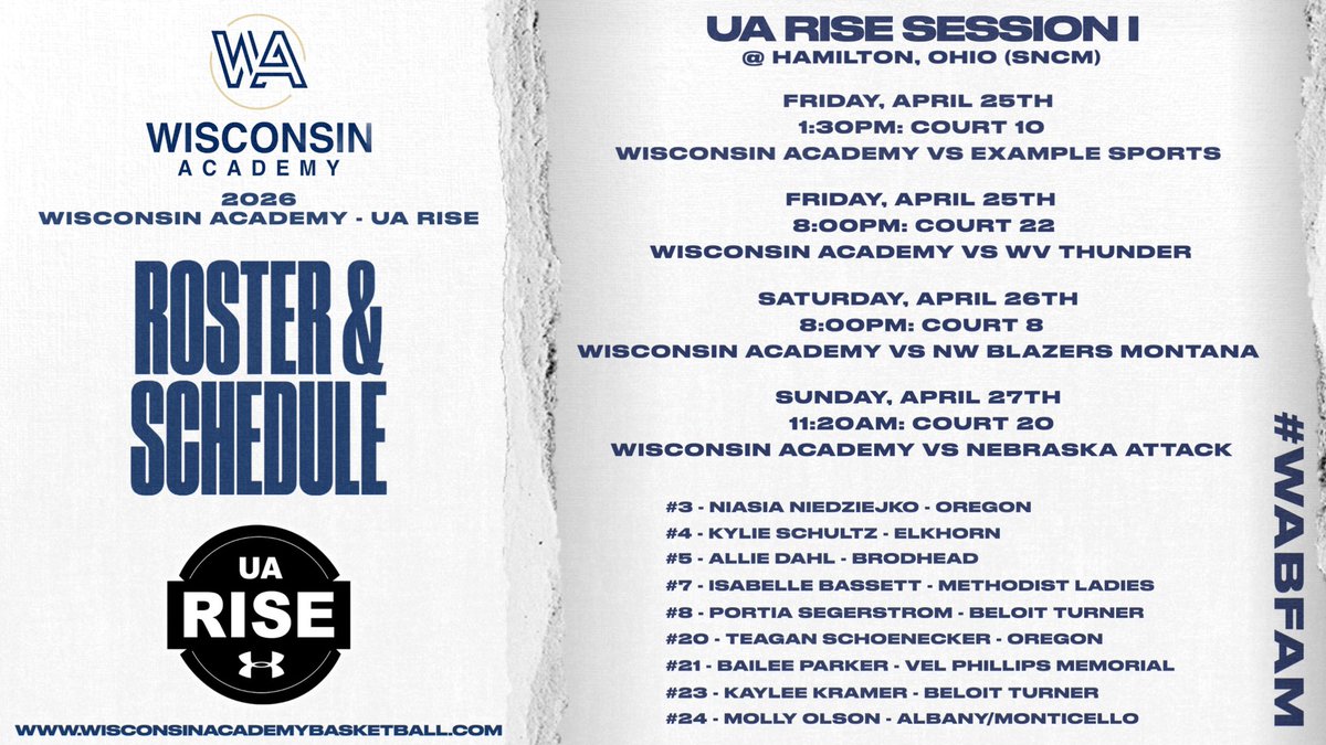 Wisconsin Academy (@wiscoacademy) on Twitter photo 17U Wisconsin Academy - UA Rise is heading to Hamilton, OH this weekend to compete in Session I of the <a href="/UARiseGirls/">UA Rise Girls I Basketball</a>!
Schedule:⬇️
Friday - 1:30pm vs Example Sports
Friday - 8:00pm vs WV Thunder
Saturday - 8:00pm vs NW Blazers Montana
Sunday - 11:20am vs Nebraska Attack
#WABFam 17U Wisconsin Academy - UA Rise is heading to Hamilton, OH this weekend to compete in Session I of the <a href="/UARiseGirls/">UA Rise Girls I Basketball</a>!
Schedule:⬇️
Friday - 1:30pm vs Example Sports
Friday - 8:00pm vs WV Thunder
Saturday - 8:00pm vs NW Blazers Montana
Sunday - 11:20am vs Nebraska Attack
#WABFam