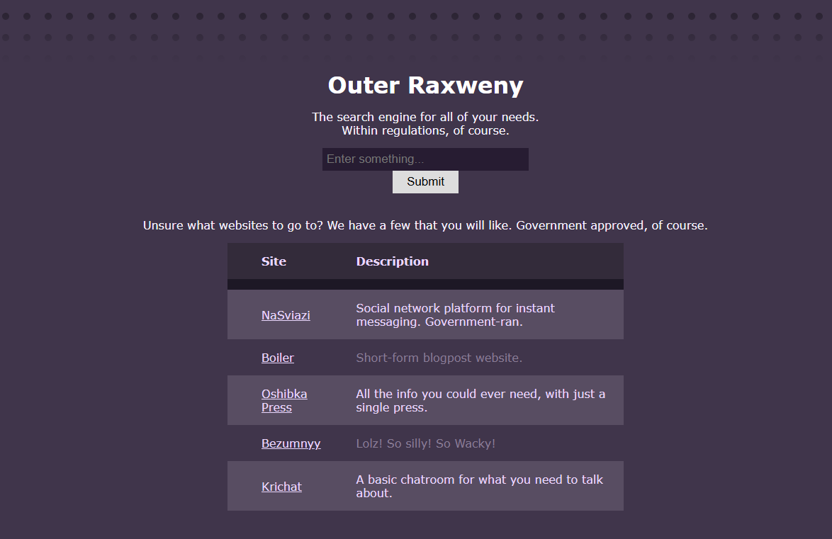 AnnoyedAvenger's tweet image. Heya, I've been taking it as a break for a while, but for a TTRPG I've been doing lately, I've been making a website for fun. Check it out mayhaps. There's a few secrets that you can find on it. outerraxweny.neocities.org