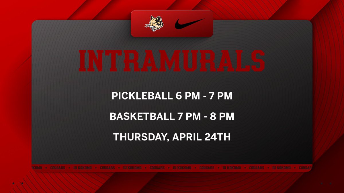 IU Kokomo Women’s Basketball (@iukwbb) on Twitter photo All set for another round of intramurals this week!
Open to all IUK students, join us for some FUN this Thursday!
#RollCougs All set for another round of intramurals this week!
Open to all IUK students, join us for some FUN this Thursday!
#RollCougs