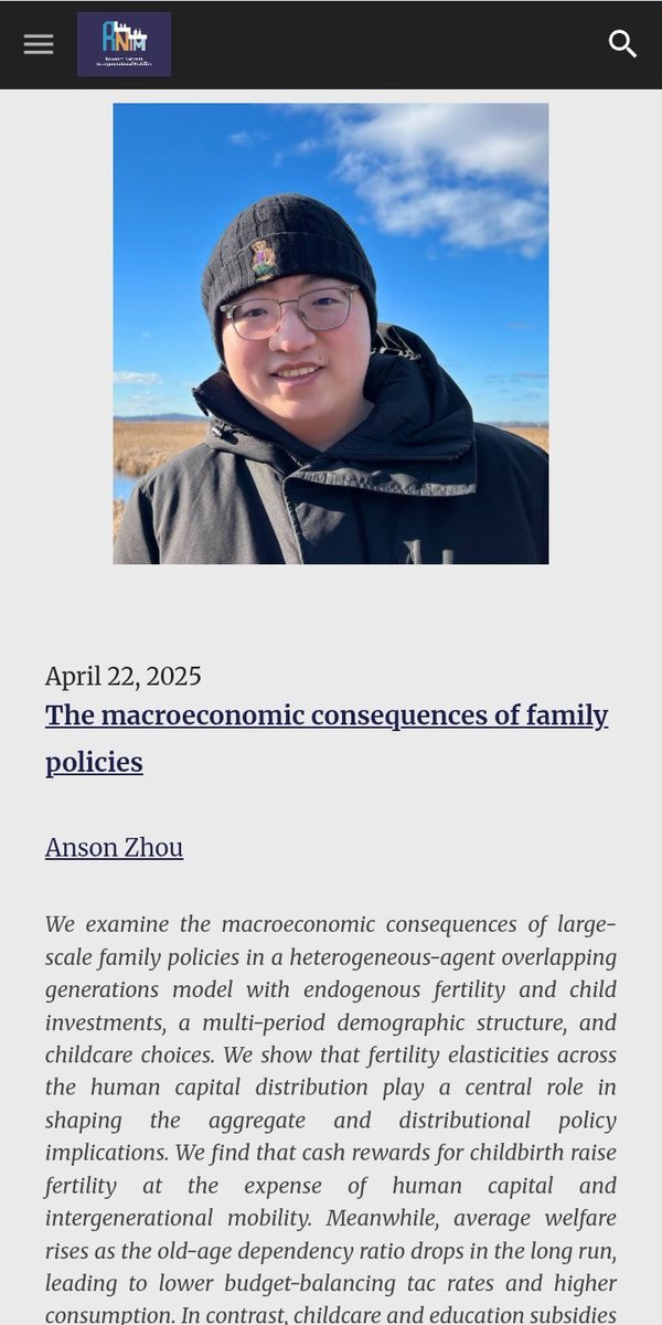 GNeidhofer's tweet photo. Next #RNIM Seminar, tomorrow 22 April 2025. 4 pm CET.
Anson Zhou @AnsonZhou9 - The macroeconomic consequences of family policies.
Registration link: https://t.co/8oOGirh01F https://t.co/2UrV9hZoGD