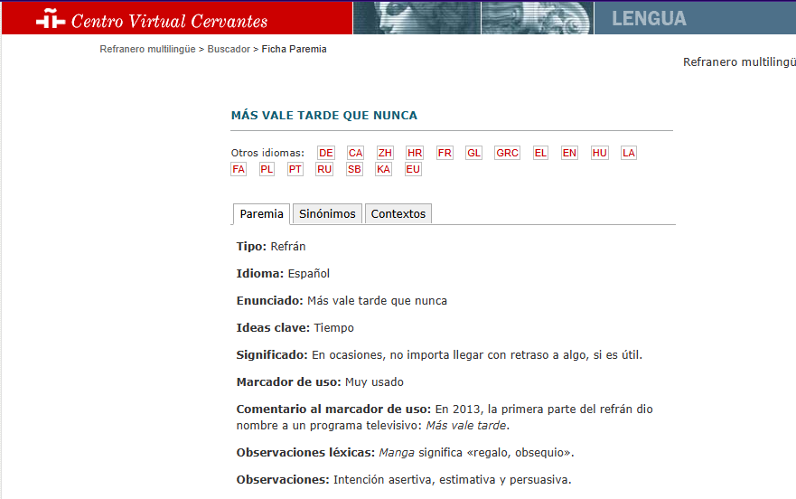 Compartimos un refranero español que ha elaborado el <a href="/cvc_cervantes/">CVC. Centro Virtual Cervantes</a>.  
Tenéis los refranes ordenados alfabéticamente y su equivalente en otros idiomas. Además haciendo clic en cada refrán se puede consultar su significado. Esperamos que sea de utilidad. 😊
cvc.cervantes.es/lengua/refrane…