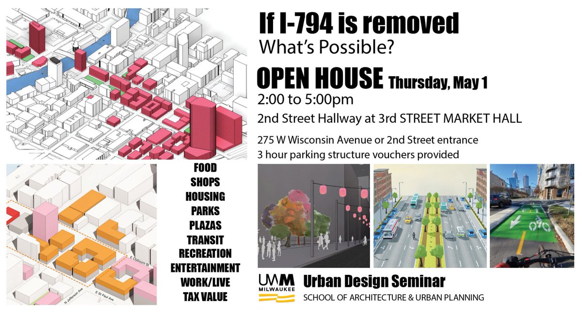 If I-794 comes down, what's possible? <a href="/UWM/">UW-Milwaukee</a>'s Urban Design Seminar explored the opportunities and the potential tax value that comes with new development over the next 30 years. Check it out!
Open House on May 1, 2-5 pm
2nd Street Hallway connected to the 3rd Street Market Hall.