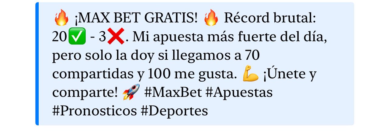 TIYEYPICKS09's tweet photo. ¡🔥 HOY MI MAX BET GRATIS! 🔥 Mi apuesta más fuerte del día, pero solo la comparto si este post llega a 70 compartidas y 100 me gusta. 💪 ¡Vamos, que no se diga! 🚀 #MaxBet #Apuestas #Pronosticos #Deportes #Gratis
20✅ y 3 ❌ en nuestras max plays https://t.co/3j619AZa6H