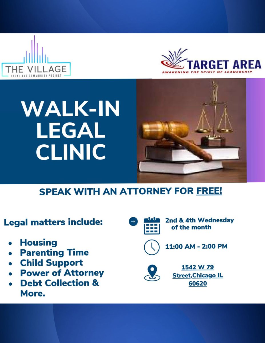 TargetArea's tweet image. WALK-IN LEGAL CLINIC
SPEAK WITH AN ATTORNEY FOR FREE
THIS WEDNESDAY AT 11:00AM-2PM
1542 WEST 79TH STREET
