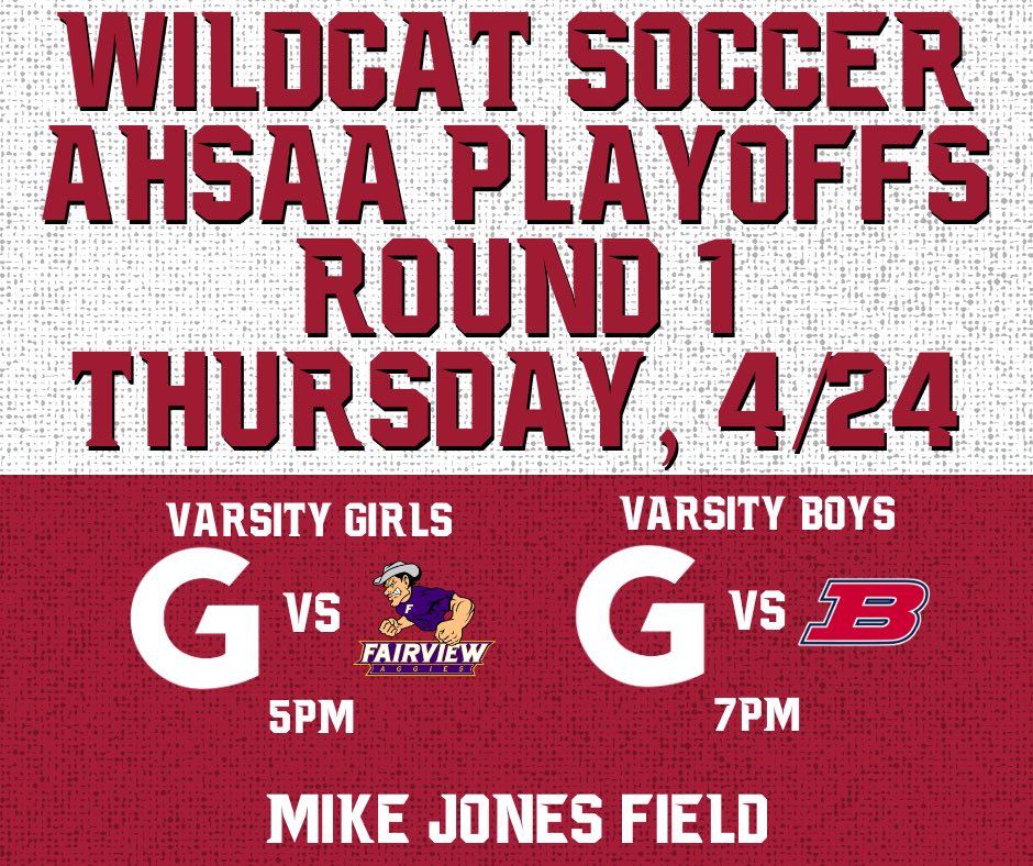 Guntersville City Schools Athletics (@guntersvilleath) on Twitter photo Girls and <a href="/GHSWildcatsSoc/">Guntersville Boys Soccer</a> host 1st Round of playoffs on Thursday April 24th.
Tickets will be sold on GoFan. Girls and <a href="/GHSWildcatsSoc/">Guntersville Boys Soccer</a> host 1st Round of playoffs on Thursday April 24th.
Tickets will be sold on GoFan.