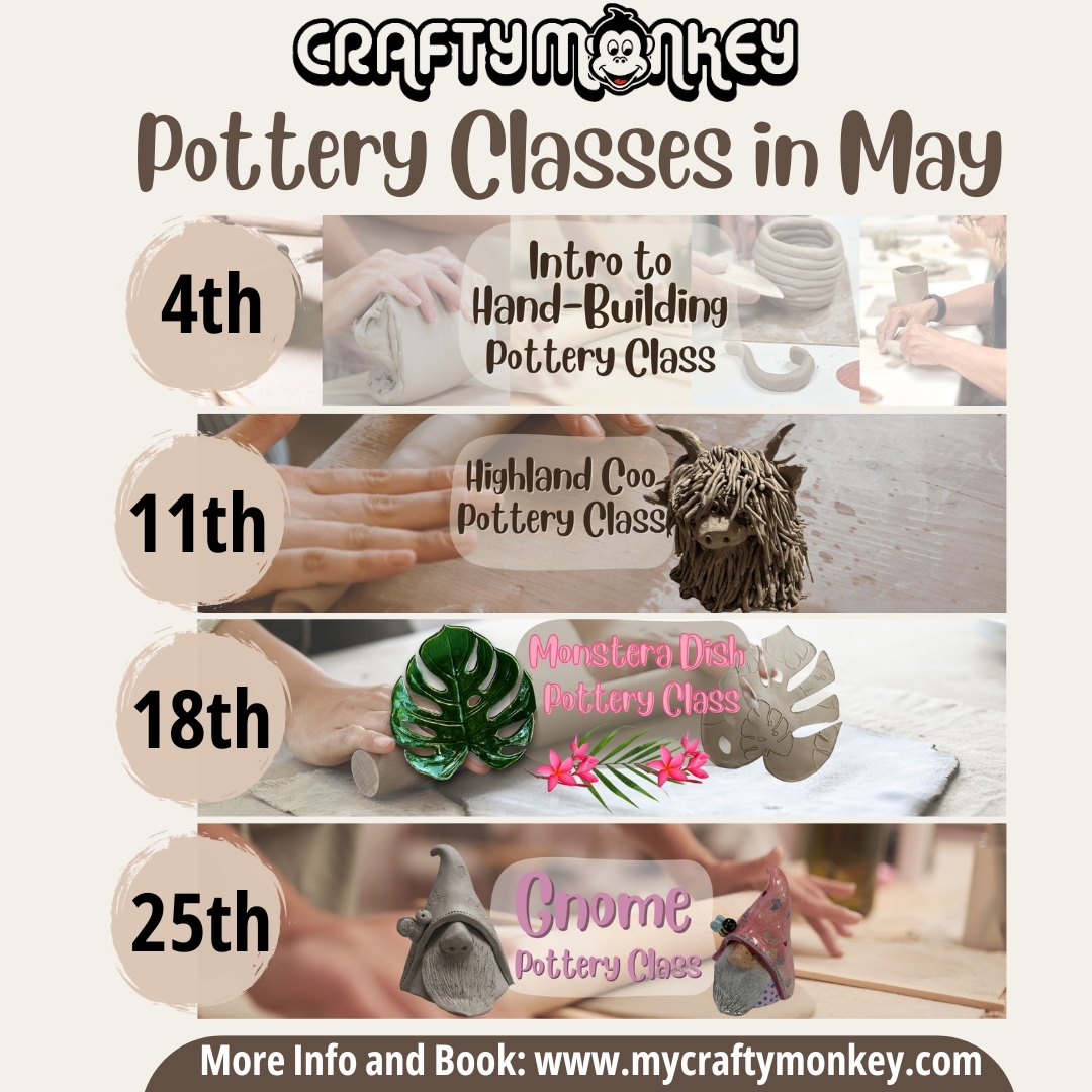 MyCraftyMonkey's tweet image. ✨ Pottery Class Dates for May! ✨
Looking to get creative this spring? Our May pottery workshops are now open for booking – and we’ve got something for everyone! 👩‍🎨

🕒 Visit our website to view dates and book your spot: mycraftymonkey.com/pottery-classes

#PotteryClasses