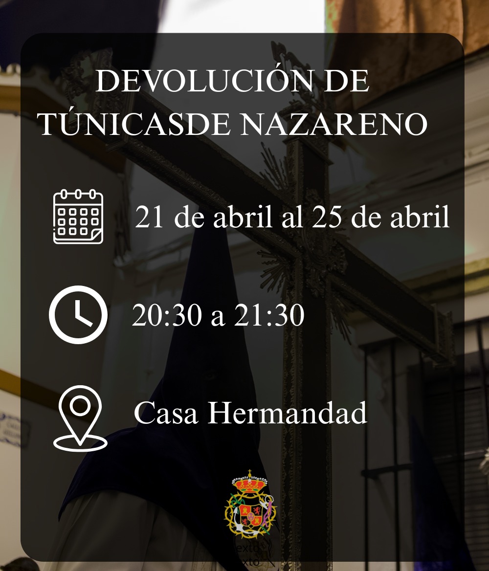 Al igual que en el año 2024, toda persona que retiró túnica propiedad de la Hermandad para realizar Estación de Penitencia podrá devolverla desde hoy 21 de abril al 25 de abril, en horario de 20,30h a 21,30h.

#EsperanzaCarmona #HdadEsperanza