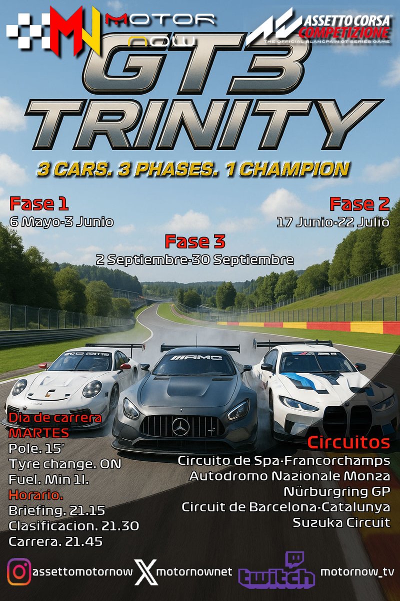 GT3 TRINITY CHAMPIONSHIP
3 coches. 3 fases. 1 campeón.

Elige un GT3 diferente cada fase (Porsche, Mercedes o BMW).
6 mayo - 30 sept (5 carreras/fase).
Gana quien domine los TRES coches.

¿Te atreves a adaptarte? Inscripciones abiertas.....

discord.com/channels/62031…