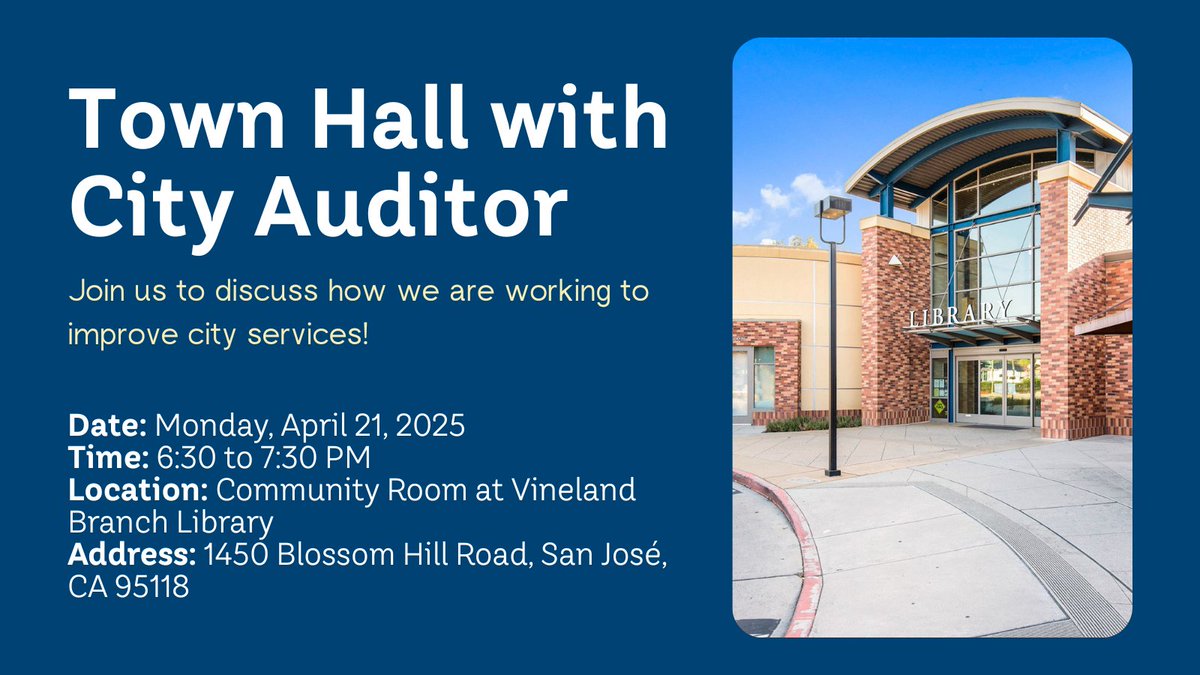 SJaudit's tweet photo. In partnership with @PamFoleyD9 and @GeorgeCaseySJ, our Office will be participating in a town hall meeting today at 6:30 PM. Join us to learn more about the work we do to improve city services! https://t.co/uvAeQFUU9P