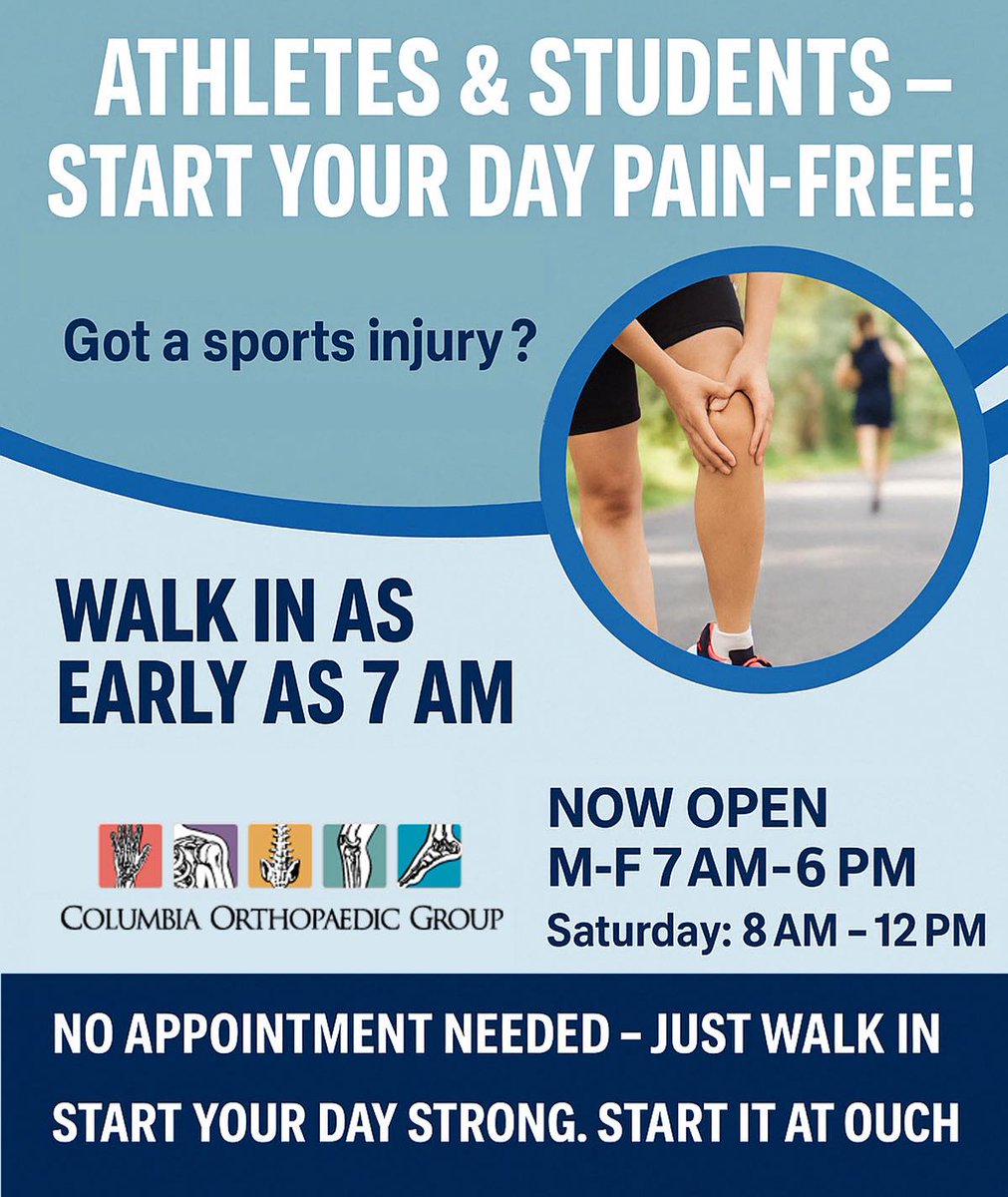 Our walk in orthopaedic clinic (OUCH) at 1 South Keene street now opens at 7AM!