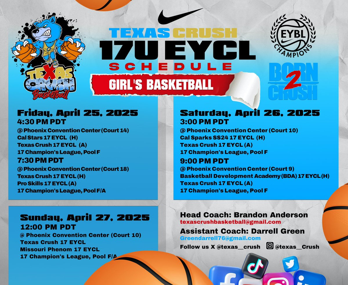 Brandon Anderson (@coachba_) on Twitter photo It’s Time for Nike Session 1 <a href="/NikeGirlsEYBL/">Nike Girls EYBL</a> <a href="/NIKEeycl/">Nike EYCL</a> !
Coaches give our 17U Squad a follow:
<a href="/luv_zoie/">zoie.lillie</a>
<a href="/charlizelagard7/">Charlie</a>
<a href="/stxphnz/">Laila Stephens</a>
<a href="/EziahH23/">Eziah Hudson</a>
<a href="/itzjasminee02/">jasmine</a>
<a href="/Sybriel2008/">Sybriel</a>
@JyhvaeA67407
<a href="/IsabelleGa60988/">Isabelle Gaines</a>
<a href="/niehvae72620/">niehvae Andrews</a>
<a href="/JaleyahReed/">Jaleyah Reed</a>
<a href="/nevaehnadams/">nevaeh adams</a>
<a href="/k_kaylaa25/">Kayla Simon</a> It’s Time for Nike Session 1 <a href="/NikeGirlsEYBL/">Nike Girls EYBL</a> <a href="/NIKEeycl/">Nike EYCL</a> !
Coaches give our 17U Squad a follow:
<a href="/luv_zoie/">zoie.lillie</a>
<a href="/charlizelagard7/">Charlie</a>
<a href="/stxphnz/">Laila Stephens</a>
<a href="/EziahH23/">Eziah Hudson</a>
<a href="/itzjasminee02/">jasmine</a>
<a href="/Sybriel2008/">Sybriel</a>
@JyhvaeA67407
<a href="/IsabelleGa60988/">Isabelle Gaines</a>
<a href="/niehvae72620/">niehvae Andrews</a>
<a href="/JaleyahReed/">Jaleyah Reed</a>
<a href="/nevaehnadams/">nevaeh adams</a>
<a href="/k_kaylaa25/">Kayla Simon</a>