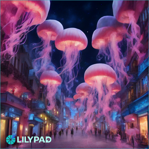 Lilypad_Tech's tweet image. 🎨 AI Image of the Day 🎨
"✍️ Vibrant jellyfish swarm through a soft lit street of intricately grown coral buildings in "Luminaria", a whimsical cityscape at dusk, bathed in volumetric pink and blue light."
