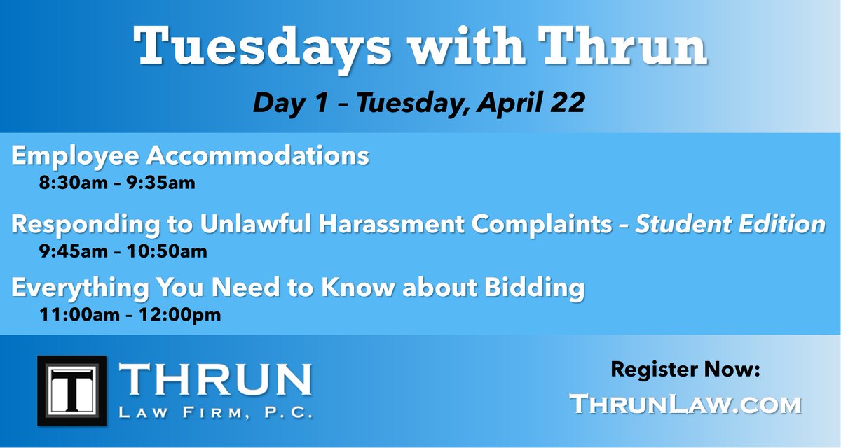 Tomorrow is the beginning of this year's Tuesdays with Thrun webinar series! 

Thrun retainer clients - don't miss out on this free opportunity to join us for three different presentations on each day of the series.

Register now: thrunlaw.com/tuesdays-thrun
