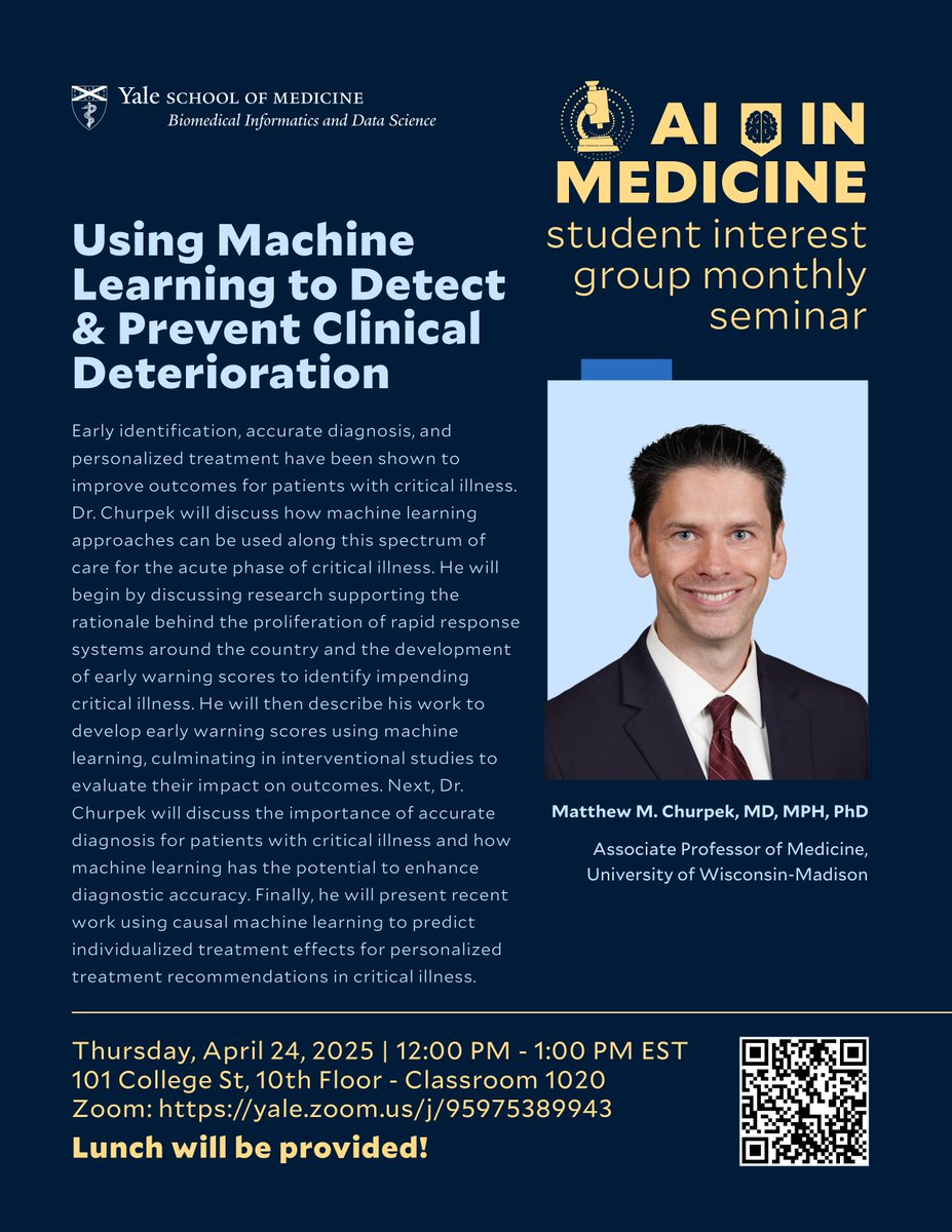 Yale Biomedical Informatics & Data Science (@yalebids) on Twitter photo 🔬Join us for next AI in Medicine Seminar featuring Dr. Matthew Churpek on "Using Machine Learning to Detect & Prevent Clinical Deterioration". Learn More: preview.yale.edu/preview-event/…
<a href="/YaleMed/">Yale School of Medicine</a> <a href="/UWMadison/">UW–Madison</a> 🔬Join us for next AI in Medicine Seminar featuring Dr. Matthew Churpek on "Using Machine Learning to Detect & Prevent Clinical Deterioration". Learn More: preview.yale.edu/preview-event/…
<a href="/YaleMed/">Yale School of Medicine</a> <a href="/UWMadison/">UW–Madison</a>