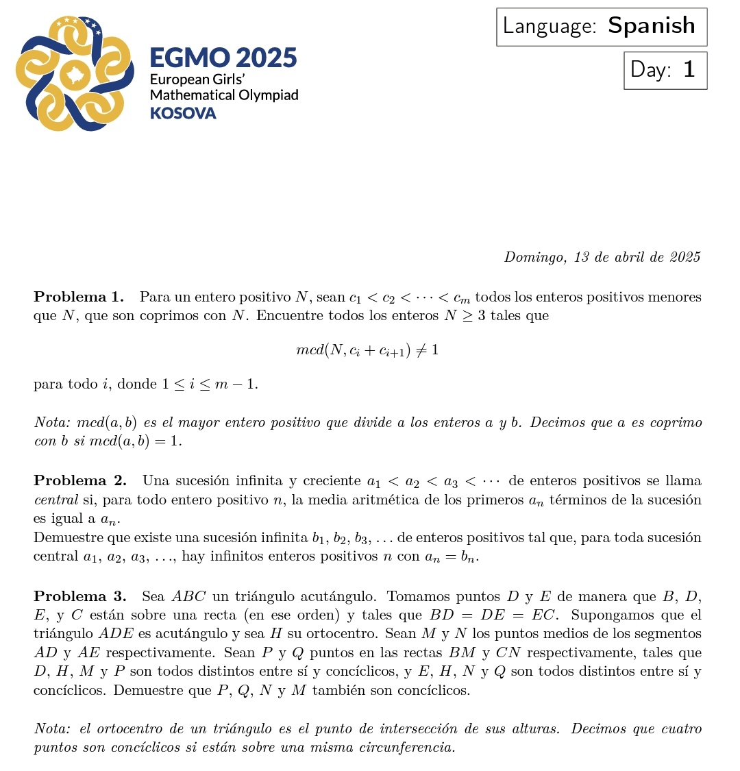 OMErsme's tweet image. Empezamos la semana con matemáticas de nivel.
Estos son los tres primeros problemas de la EGMO 2025, celebrada en Prishtina (Kosovo).
¿Te atreves con alguno?
¡Admiración por todas las participantes!
@OMErsme @RealSocMatEsp #EGMO2025
