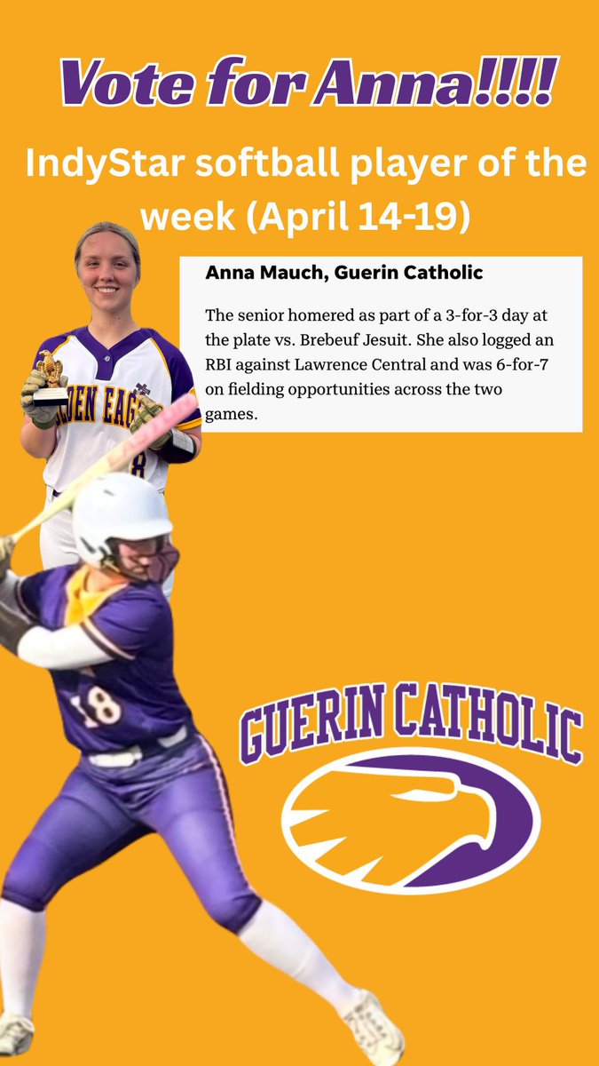 Let’s go Golden Eagles fans!
Vote for Anna Mauch for IndyStar Softball Player of the Week (April 14–19)!
Vote here: indystar.com/story/sports/h…
Let’s show our support and help her win this!
#VoteForAnna #GuerinCatholic #GoldenEagles #PlayerOfTheWeek