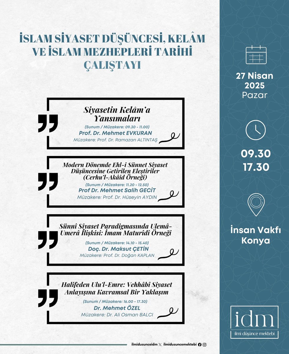 📢26-27 Nisan tarihlerinde gerçekleştireceğimiz çalıştaylara davetlisiniz!

⏰ 09.30 • 17.30
📍 İnsan Vakfı Konya
Adres: Ferhuniye, Hastane Cad. No:13/A Selçuklu