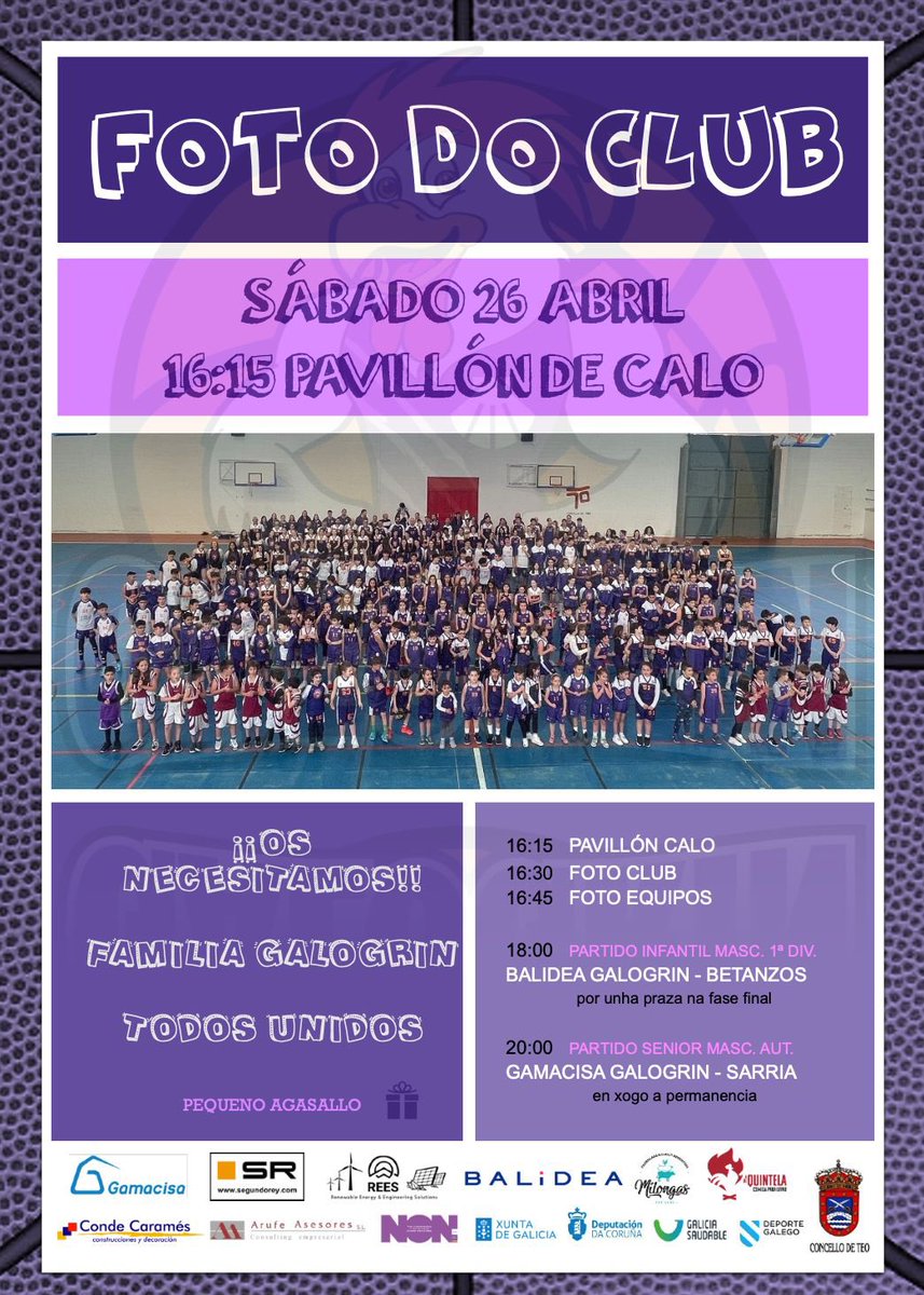 galogrin's tweet photo. 💜¡Gran día con la familia Galogrin!🏀

Este sábado 26 de abril tenemos una cita muy especial en el pabellón de Calo.
¡No faltes! Ven a animar, participar y disfrutar con nosotros. https://t.co/tblcJD7246