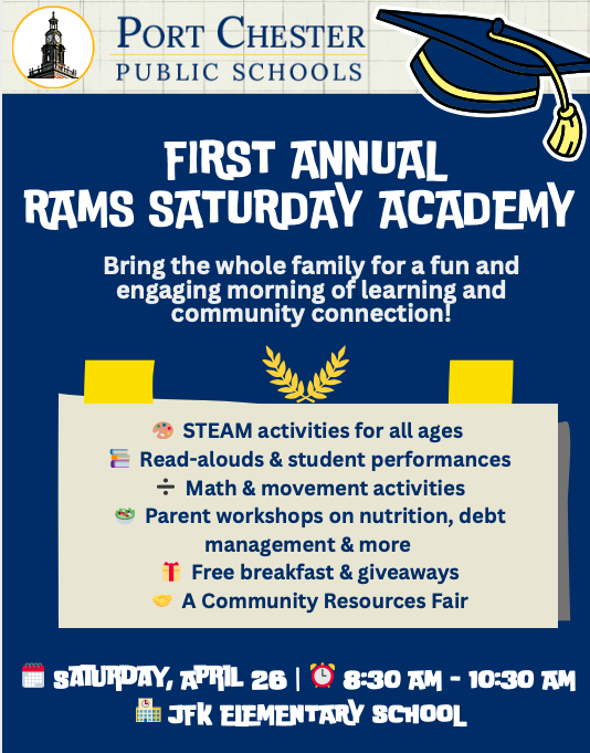 PortChesterUFSD's tweet image. **REMINDER** Join us for Rams Saturday Academy! 🎓
📅 Sat, April 26 | ⏰ 8:30–10:30 AM
🏫 JFK Elementary School
Enjoy STEAM fun, read-alouds, student performances, parent workshops, free breakfast, giveaways and more. 
@AureliaHenriqu3 @DrcarrollPC @PCFine_PerfArts @PCRamsNY