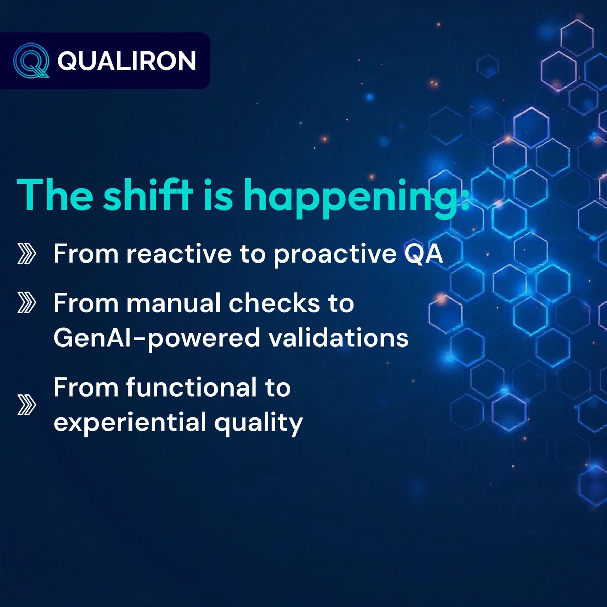 qualiron's tweet photo. At Qualiron, QA isn't just defect detection — it's a strategic edge.
- Quality from the start
- Smart automation
- Precision for critical industries
When quality drives experience, businesses win.
#QA #DigitalTransformation #TCoE #Qualiron https://t.co/s9EOk836OD