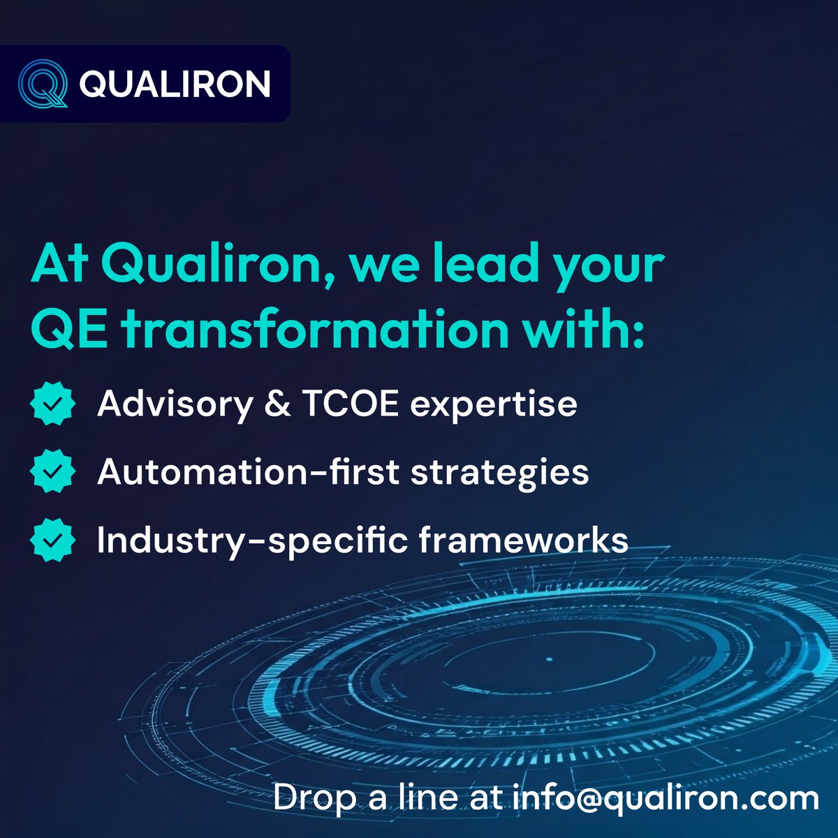 qualiron's tweet photo. At Qualiron, QA isn't just defect detection — it's a strategic edge.
- Quality from the start
- Smart automation
- Precision for critical industries
When quality drives experience, businesses win.
#QA #DigitalTransformation #TCoE #Qualiron https://t.co/s9EOk836OD