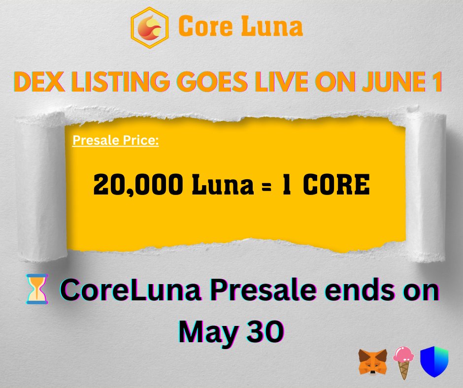 coreluna_dev's tweet image. 🚨 #Coretoshis  Important Update! 🚨

⏳ CoreLuna Presale ends on May 30 — this is your LAST chance to grab tokens at the presale price! 🌕🔥

📈 DEX Listing goes live on June 1 — get ready for takeoff! ⛷

Airdrop: coreluna.com

#Coreluna #LUNA #Coretoshis #Airdrop
