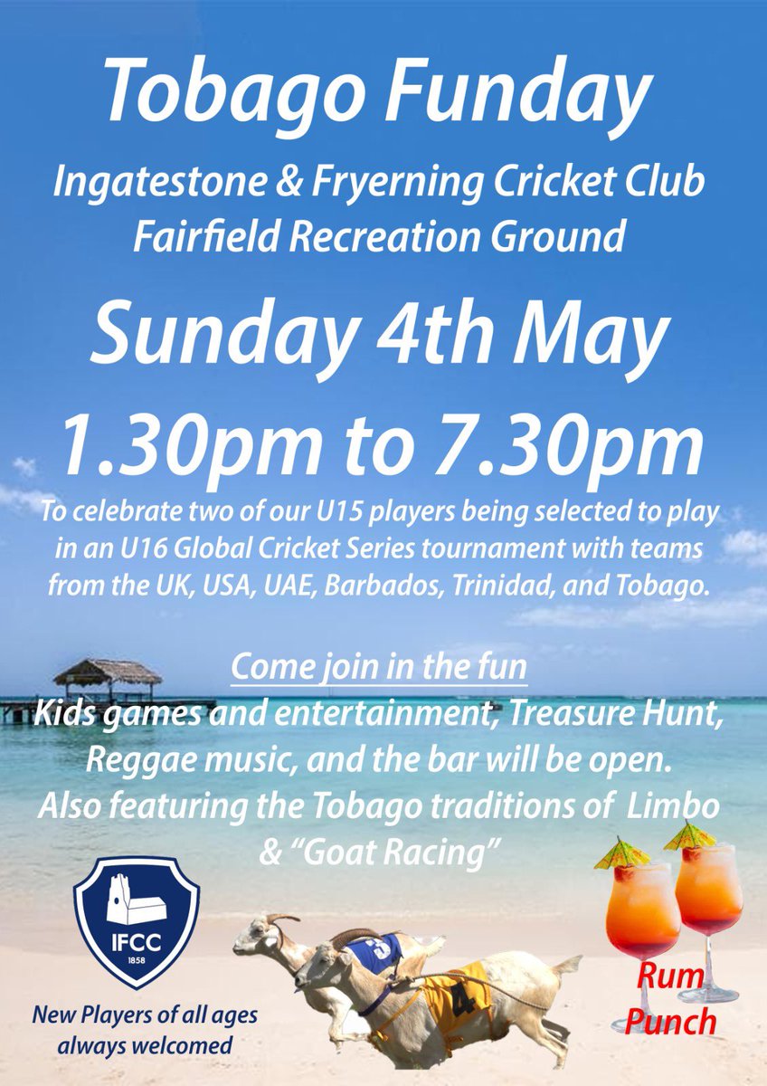 IngatestoneCC's tweet image. Announcing our first club event of the season. The Tobago Funday, on Sunday 4th May. Come down and support the lads 💪