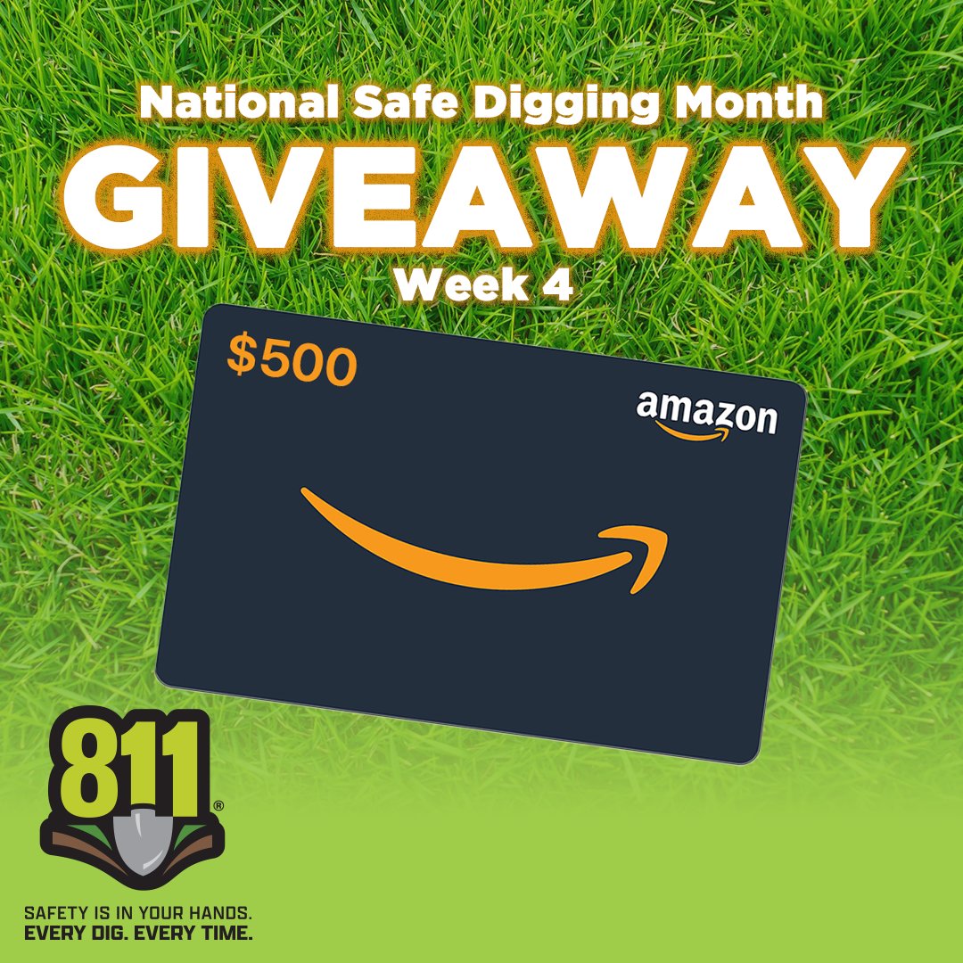 National Safe Digging Month Giveaway!

For the 4th week of the month, we’re giving away a $500 Amazon Gift Card!

Make sure to:
👉Follow our official @usanorth811 account
👉Like this tweet
👉Tag 3 friends in the comments

Look out for a bonus post this Wednesday and our other