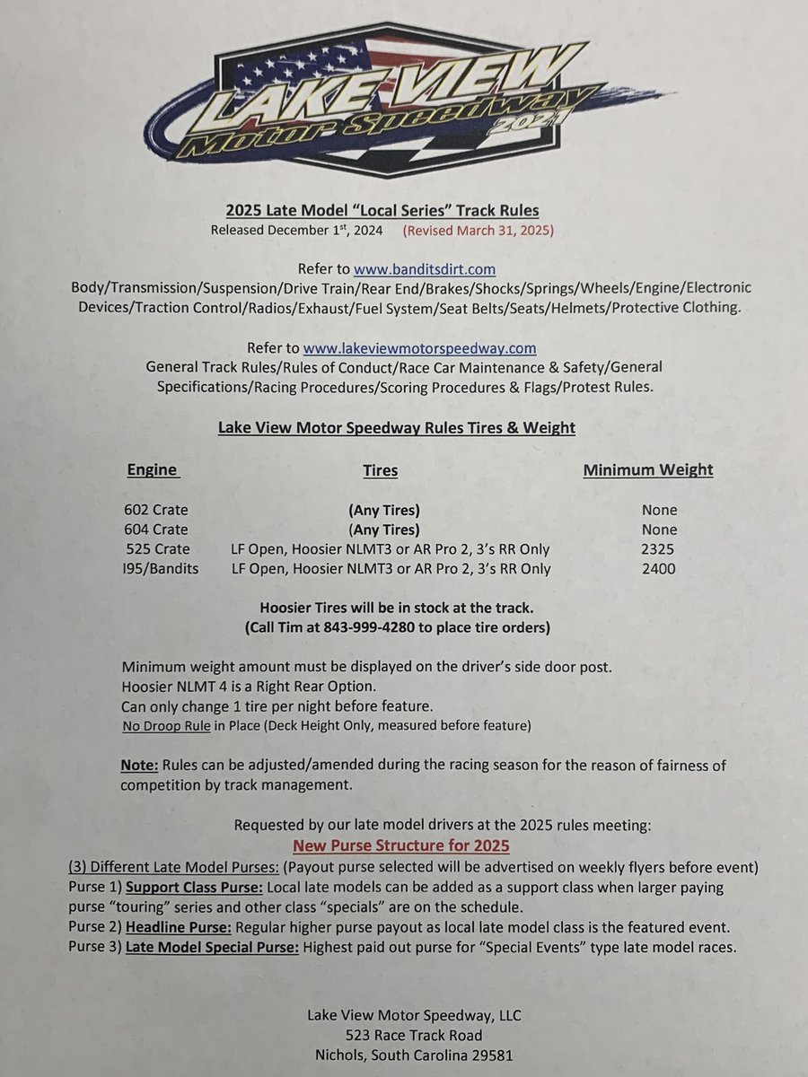 Calling out late models (except supers)
602- come run any tire, any weight
604- come run any tire, any weight
525- 2325 lbs, AR’s or Hoosiers.
Bandits- 2400 lbs AR’s or Hoosiers.
Open Practice Friday night
Racing Saturday night
Confirm with John Lovette at 843-624-9197