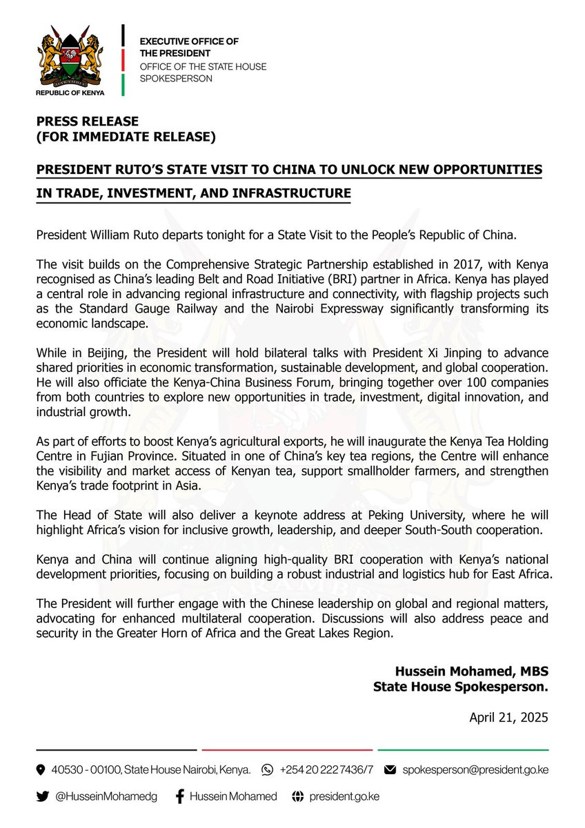President Ruto's state visit to China to unlock new opportunities in trade, investment, and infrastructure.