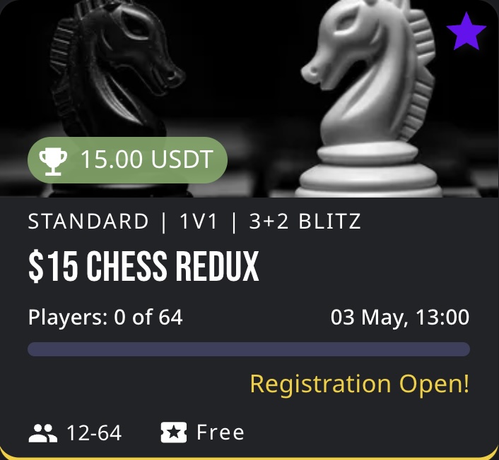 ♟️ Think fast. Move smarter. Win big.
🧠 $15 CHESS REDUX (3+2 Blitz)
🆚 1v1 | 64-player cap
🎯 Prize Pool: 15.00 USDT
📅 Starts: May 3 @ 13:00 (MDT)
🆓 Entry: Free
🔥 Registration now OPEN!

Claim your spot and checkmate your way to the top → okletsplay.com/tournaments/68…

#Chess