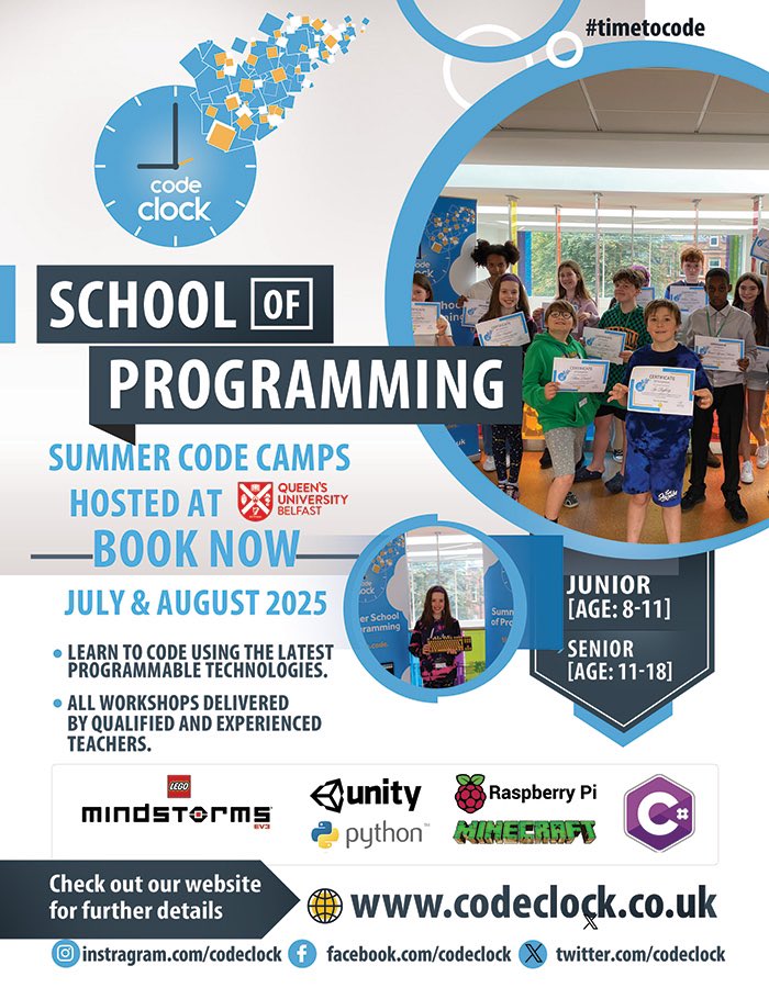 StPatricks15's tweet image. What is Code Clock?
• A summer coding camp for 8–11 year olds in QUB’s state-of-the-art computer science building.
• Pupils learn coding through: Minecraft, Roblox, LEGO Mindstorms, and Micro:bits.
Parents can book at; codeclock.co.uk
#CodeClock25
#TimeToCode