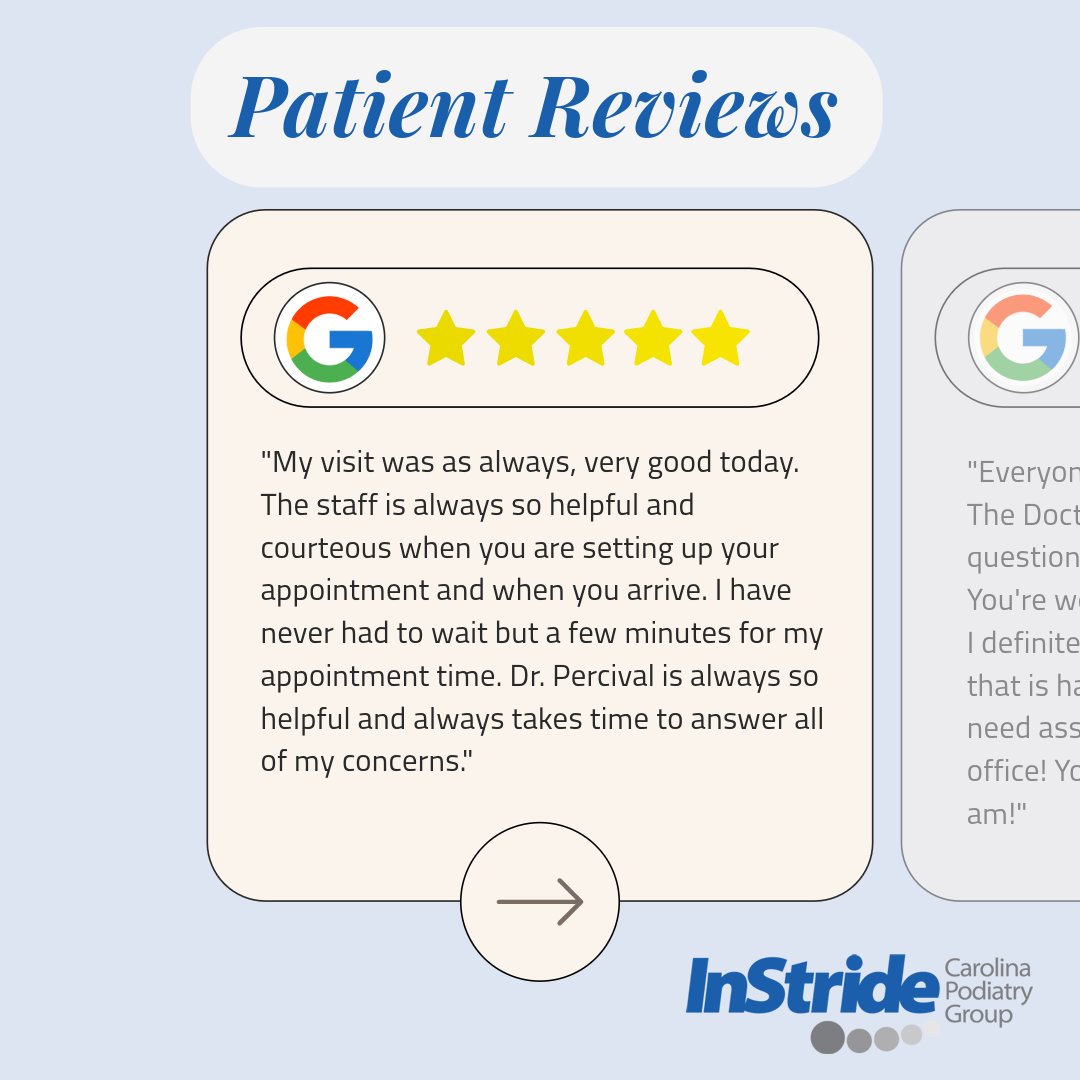 SCPodGroup's tweet photo. 👣 Patient Reviews!

We love hearing from our patients! Here are some kind words about their experiences. Book an appointment today for top-notch care with our amazing team.
📞 | (803) 285-1411
💻 | https://t.co/hBvhGEWkA0

#Reviews #Footdoctor #CPG #Podiatry https://t.co/tPcLxqfIj5