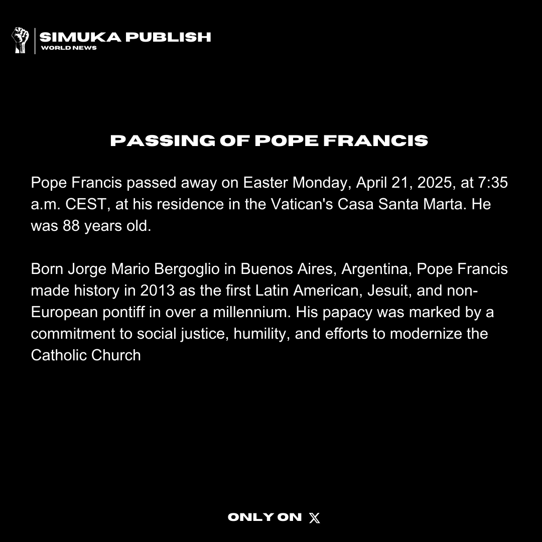 sftbnexus's tweet photo. Pope Francis has passed away at 88. A voice for the poor, a reformer, and a global spiritual guide—his legacy lives on.

May he rest in peace.

#AFSimuka | 𝙋𝙧𝙤𝙟𝙚𝙘𝙩 𝙎𝙁𝙏𝘽.
#PopeFrancisPassesAway #Pope_Francis https://t.co/vTsWCApywL