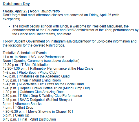Here is the full Dutchmen Day schedule!