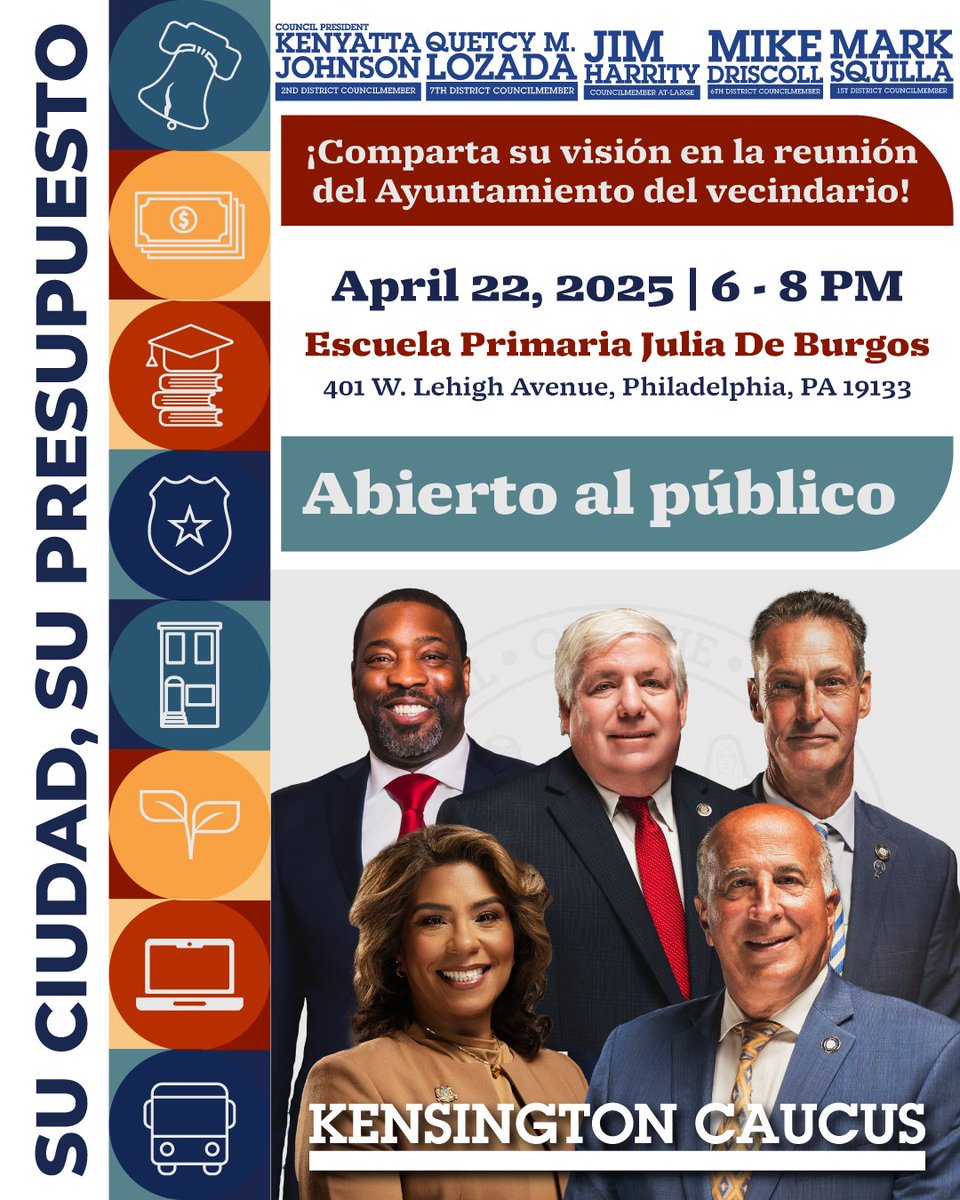 Kenyatta Johnson (@councilmemberkj) on Twitter photo REMINDER: Join <a href="/PHLCouncil/">PHLCouncil</a> at a Neighborhood Budget Town Hall to share your vision for our city’s future. 🏙️📷The next one is Tuesday, April 22, 6-8 p.m. at Julia De Burgos Elementary (Kensington). All Town Halls are open to the public. Learn more: PHLCouncil.com/Budget2026 REMINDER: Join <a href="/PHLCouncil/">PHLCouncil</a> at a Neighborhood Budget Town Hall to share your vision for our city’s future. 🏙️📷The next one is Tuesday, April 22, 6-8 p.m. at Julia De Burgos Elementary (Kensington). All Town Halls are open to the public. Learn more: PHLCouncil.com/Budget2026